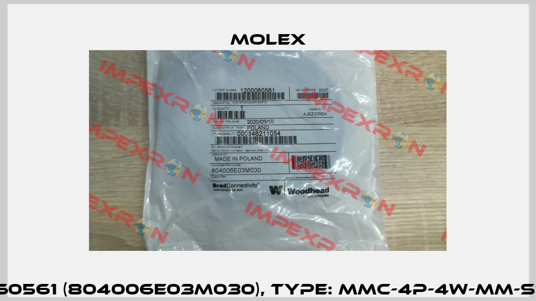 PN:1200060561 (804006E03M030), Type: MMC-4P-4W-MM-ST-3M-PVC Molex